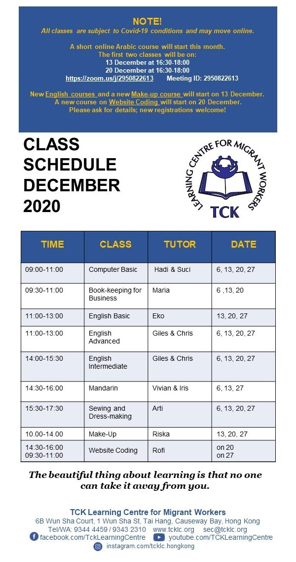 TCKLC Classes Schedule