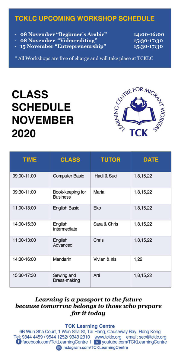 TCKLC Classes Schedule