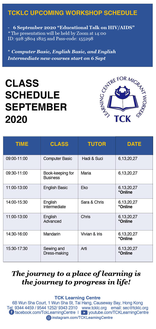 Classes TCK Learning Centre for Migrant Workers Hong Kong